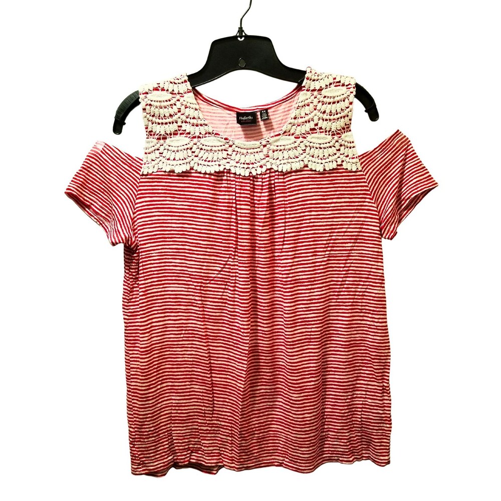 Rafaella Studio Cold Shoulder Top Women PM Red White Striped Pleated Embroidered